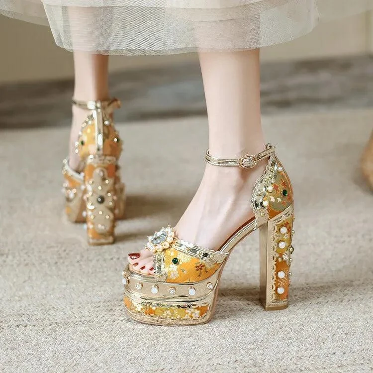 Pearl Rhinestone Open Toe High Heels Women Shoes - Glova