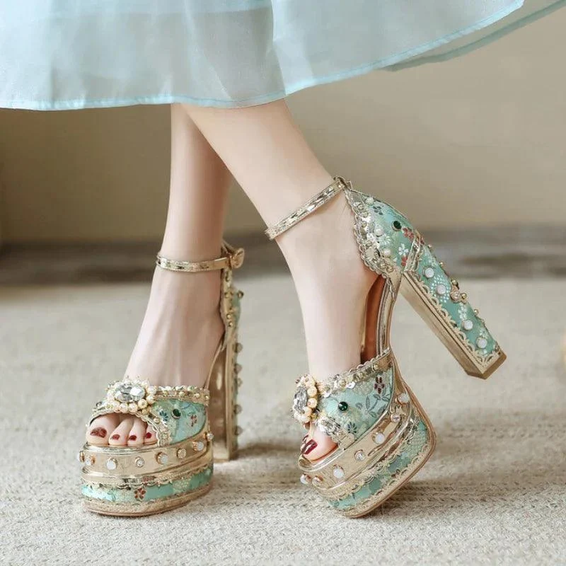 Pearl Rhinestone Open Toe High Heels Women Shoes - Glova