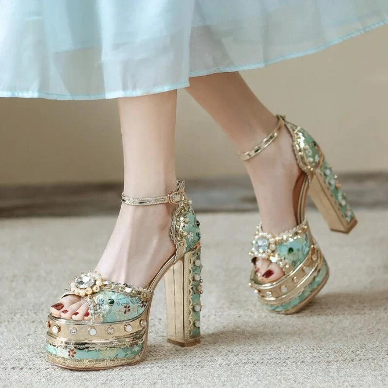 Pearl Rhinestone Open Toe High Heels Women Shoes - Glova