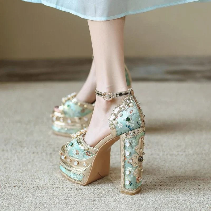 Pearl Rhinestone Open Toe High Heels Women Shoes - Glova