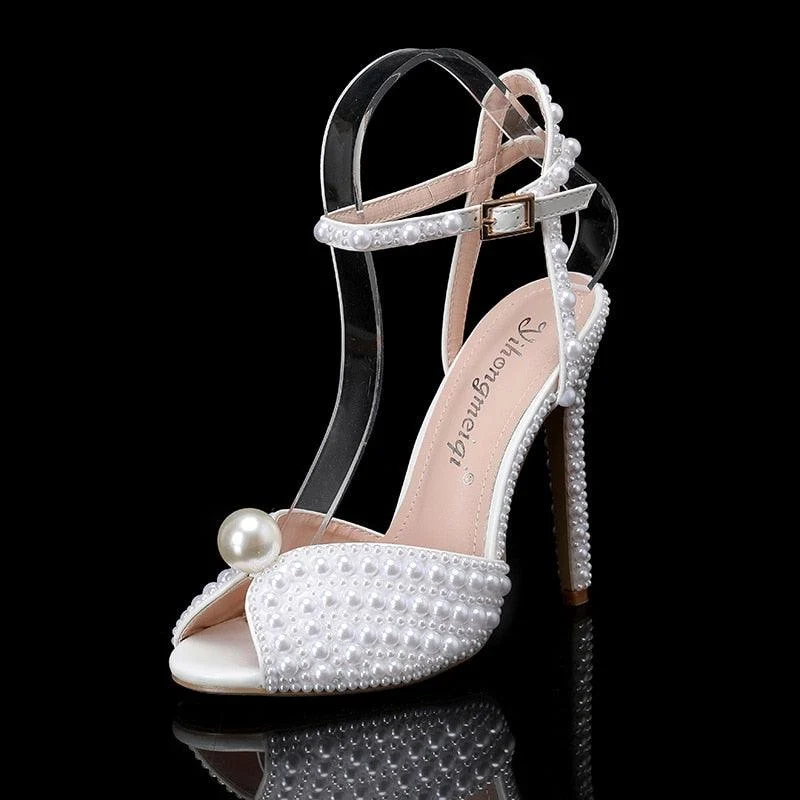 Pearls Studs Peep Toe High Heels Buckle Sandals - Glova