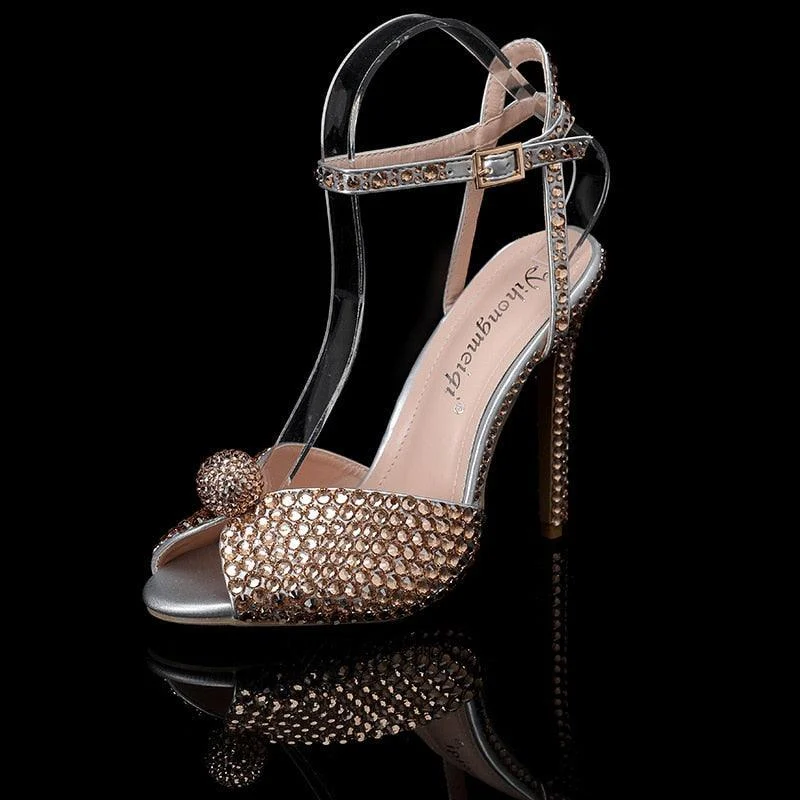 Pearls Studs Peep Toe High Heels Buckle Sandals - Glova