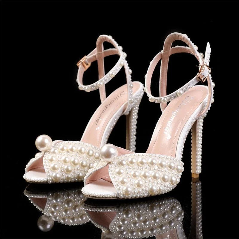 Pearls Studs Peep Toe High Heels Buckle Sandals - Glova