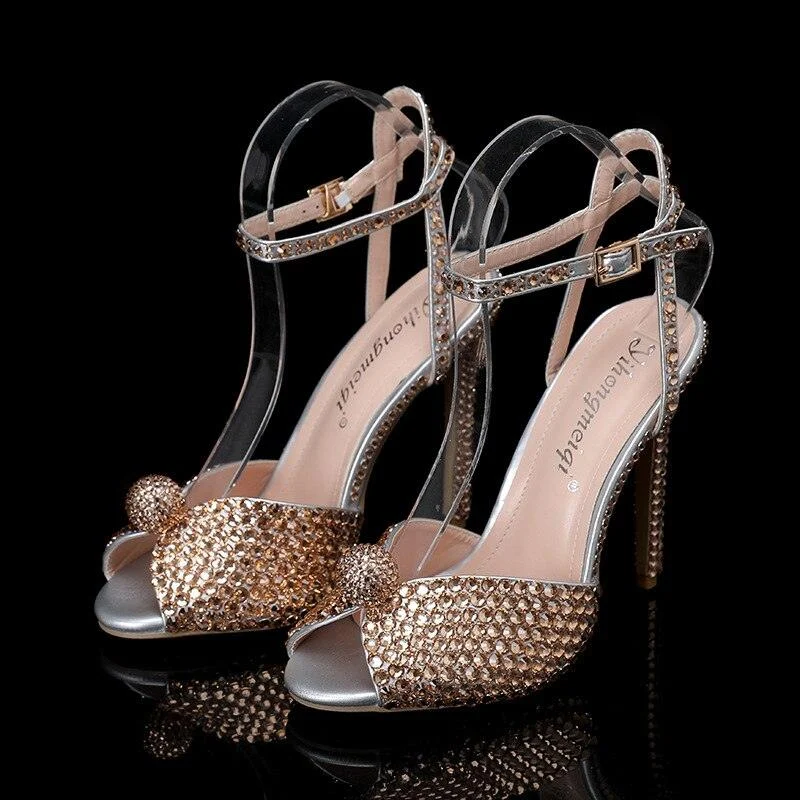 Pearls Studs Peep Toe High Heels Buckle Sandals - Glova