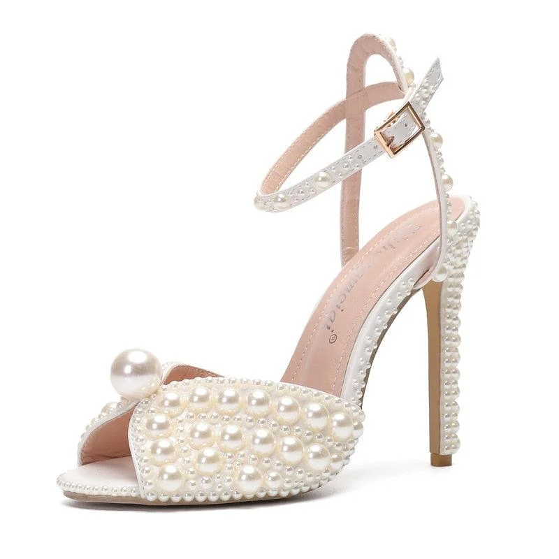 Pearls Studs Peep Toe High Heels Buckle Sandals - Glova