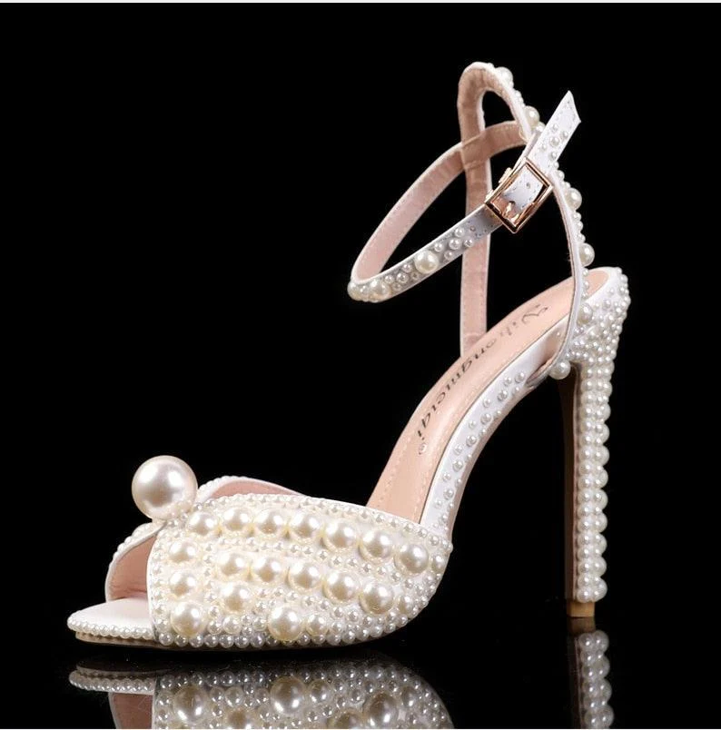 Pearls Studs Peep Toe High Heels Buckle Sandals - Glova