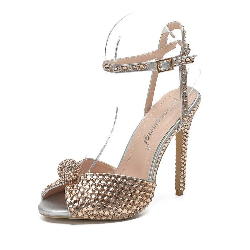 Pearls Studs Peep Toe High Heels Buckle Sandals - Glova