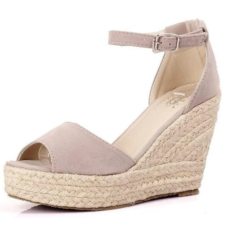 Peep Toe Espadrille Wedges with Ankle Strap - Glova