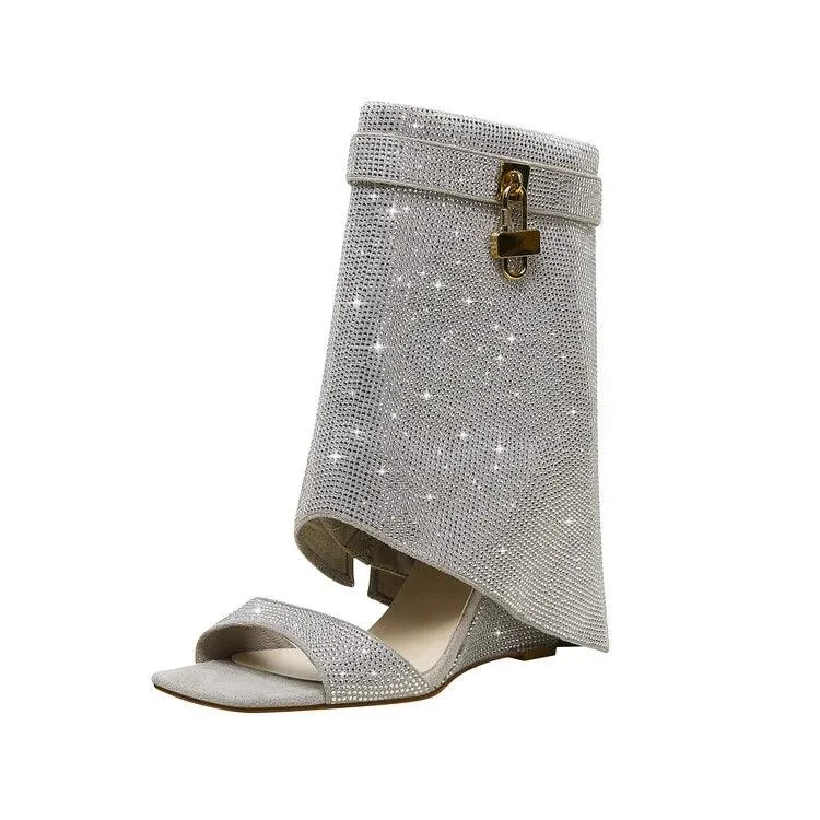 Peep Toe Wedge Heel Rhinestone Short Boots for Women - Glova