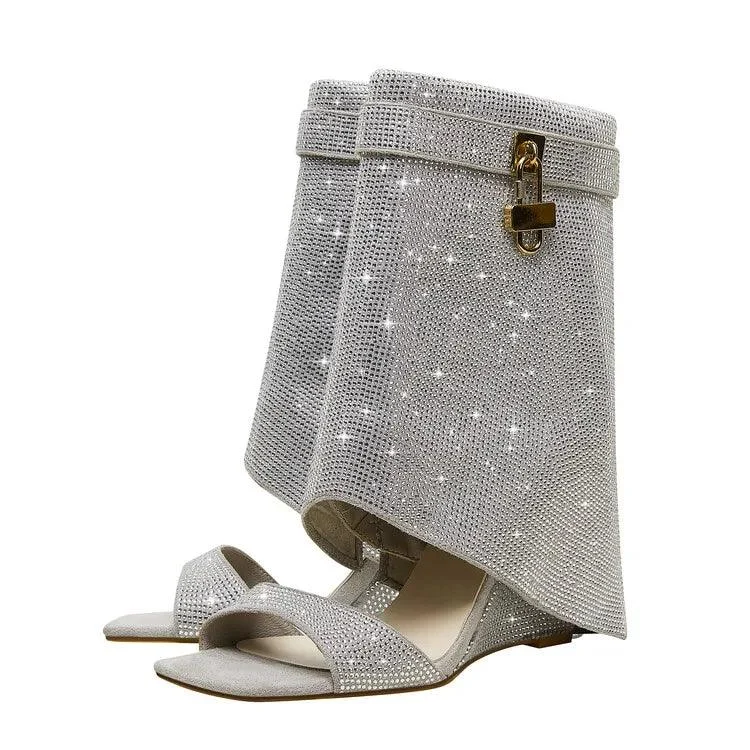 Peep Toe Wedge Heel Rhinestone Short Boots for Women - Glova