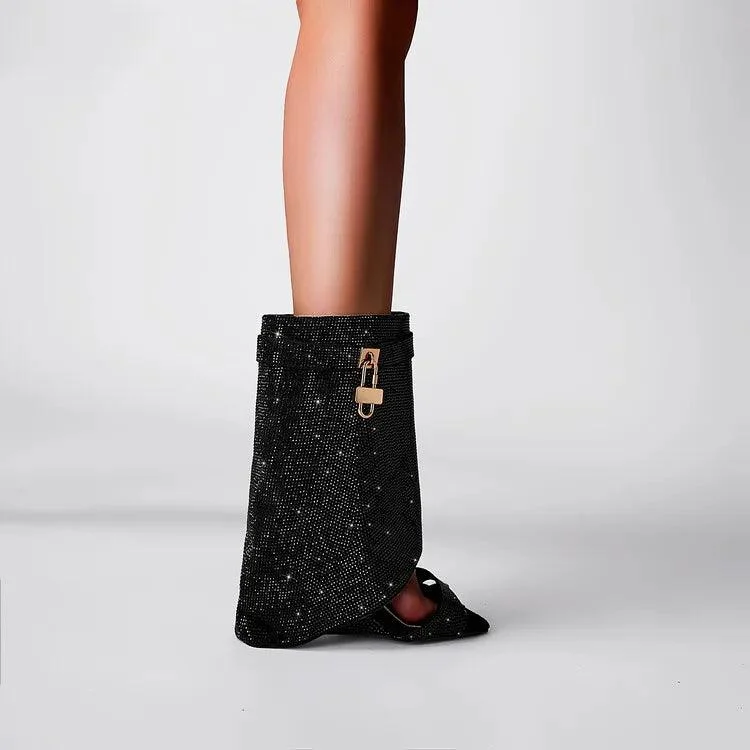 Peep Toe Wedge Heel Rhinestone Short Boots for Women - Glova