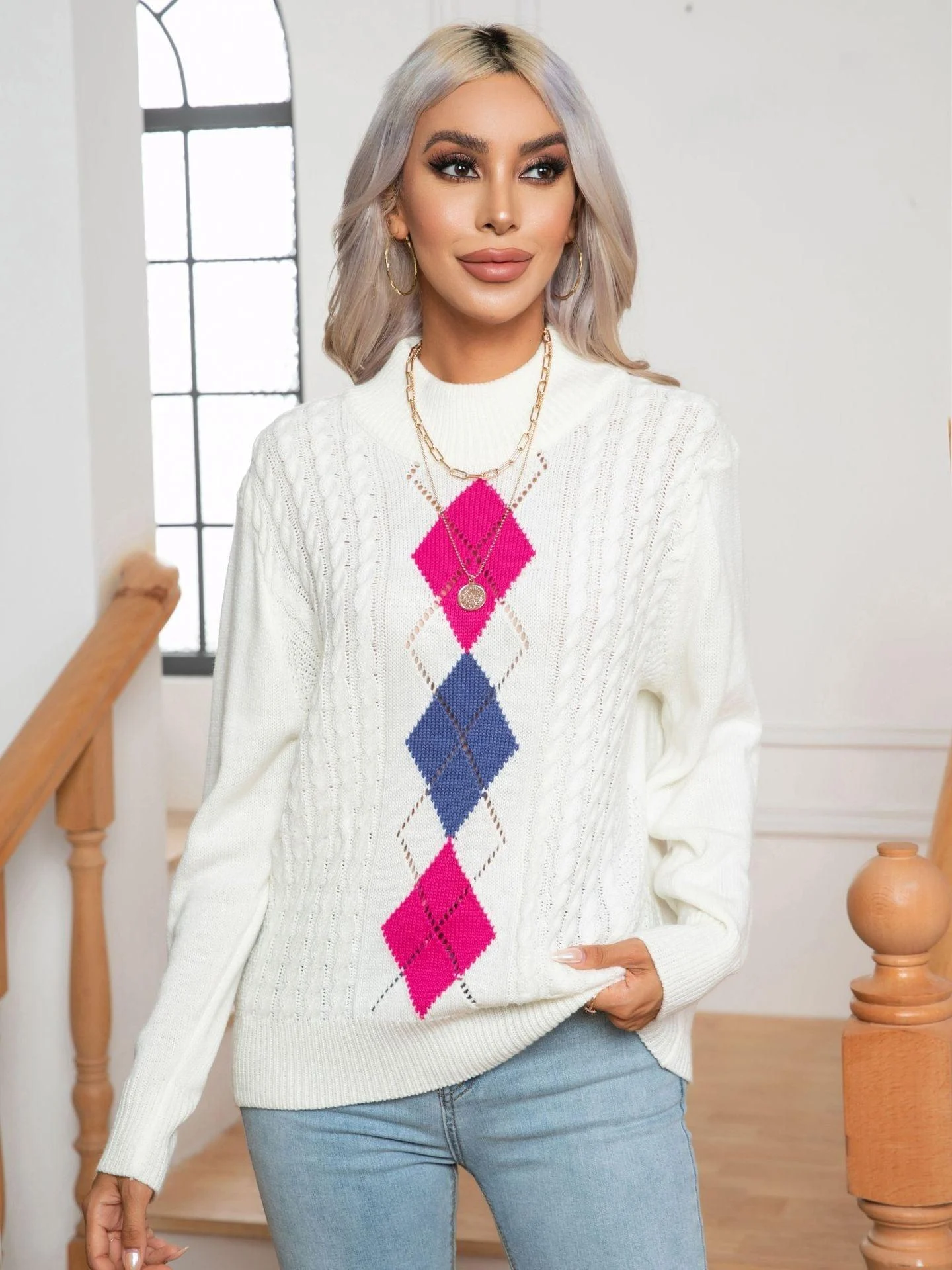 Peony Diamond Pattern Sweater - Glova