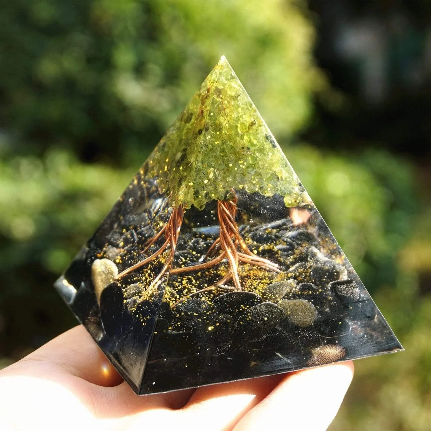 Peridot & Obsidian Tree of Life Orgone Pyramid - Glova