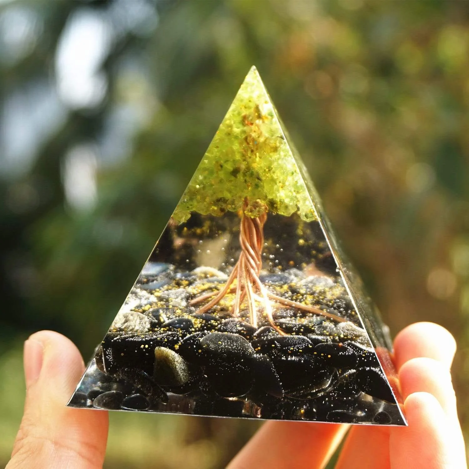 Peridot & Obsidian Tree of Life Orgone Pyramid - Glova