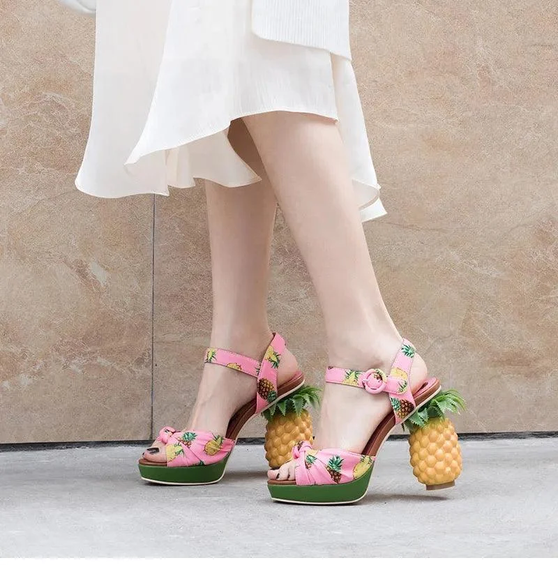 Pineapple High Heels Buckle Strap Printed Peep-Toe Platform Shoes - Glova