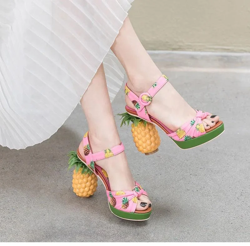 Pineapple High Heels Buckle Strap Printed Peep-Toe Platform Shoes - Glova