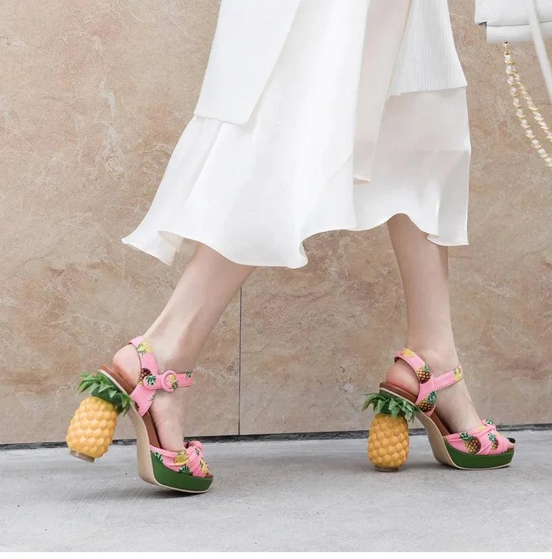 Pineapple High Heels Buckle Strap Printed Peep-Toe Platform Shoes - Glova