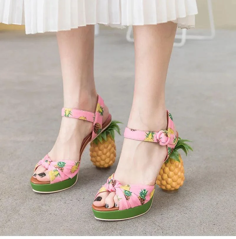 Pineapple High Heels Buckle Strap Printed Peep-Toe Platform Shoes - Glova