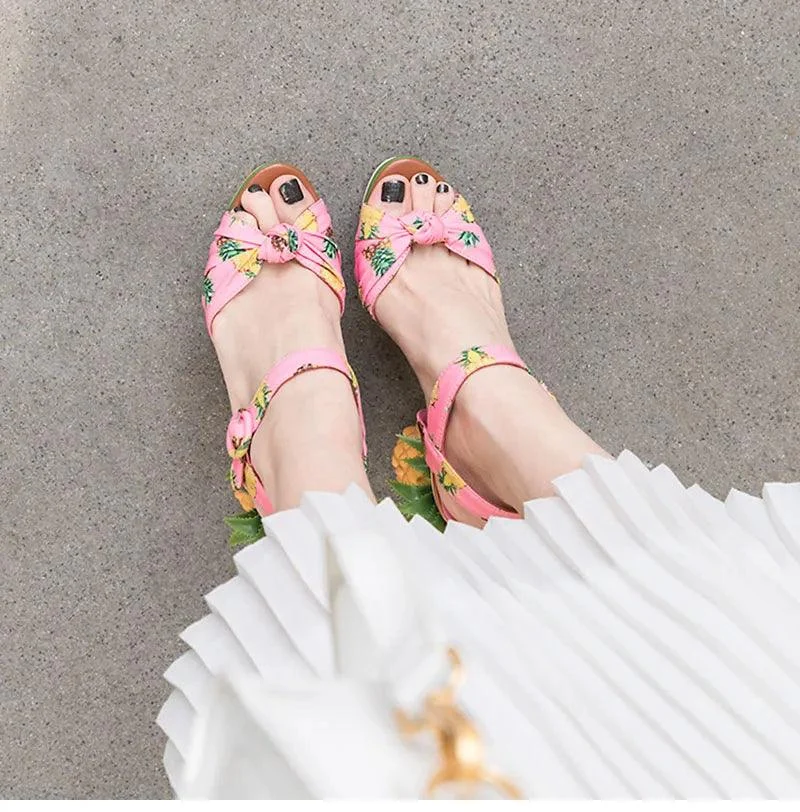 Pineapple High Heels Buckle Strap Printed Peep-Toe Platform Shoes - Glova