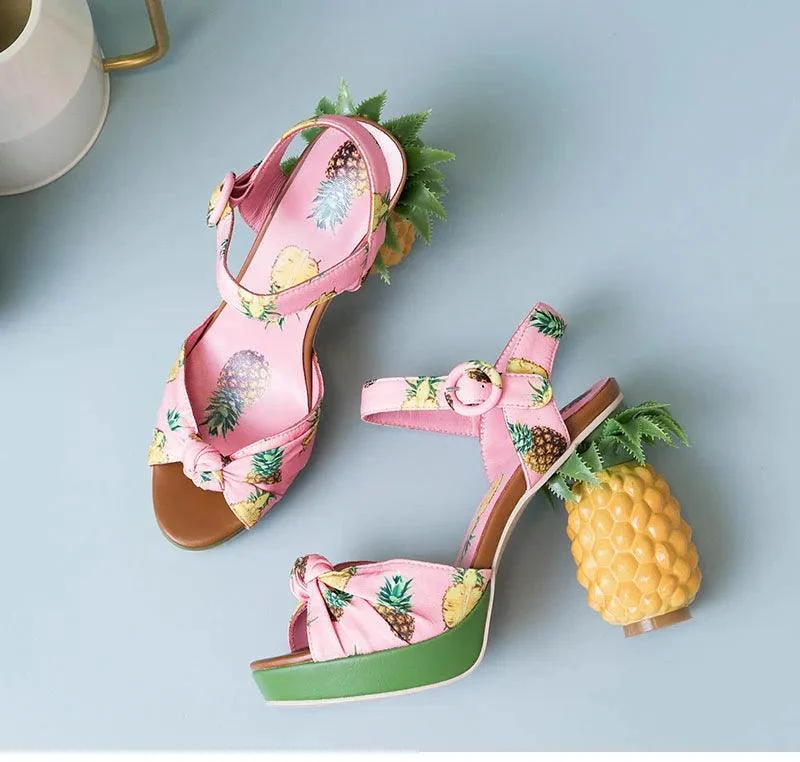 Pineapple High Heels Buckle Strap Printed Peep-Toe Platform Shoes - Glova