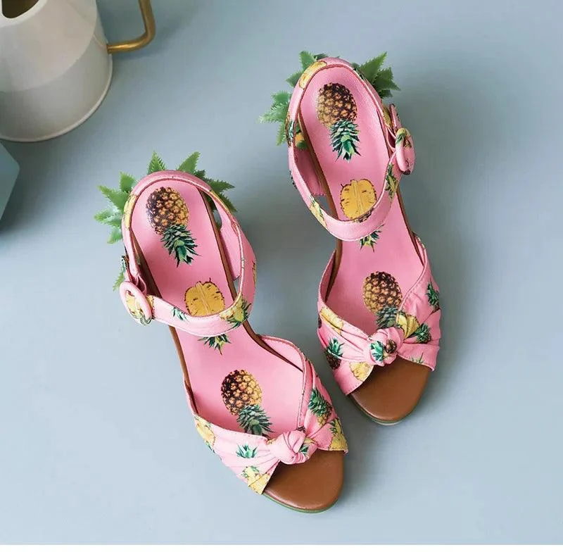 Pineapple High Heels Buckle Strap Printed Peep-Toe Platform Shoes - Glova