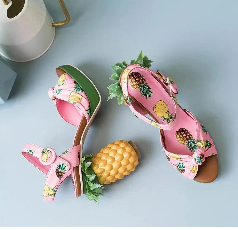 Pineapple High Heels Buckle Strap Printed Peep-Toe Platform Shoes - Glova