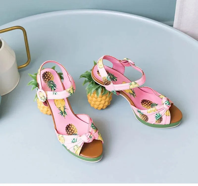 Pineapple High Heels Buckle Strap Printed Peep-Toe Platform Shoes - Glova