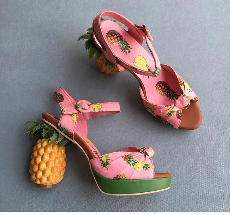 Pineapple High Heels Buckle Strap Printed Peep-Toe Platform Shoes - Glova