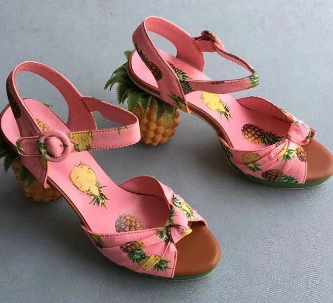 Pineapple High Heels Buckle Strap Printed Peep-Toe Platform Shoes - Glova