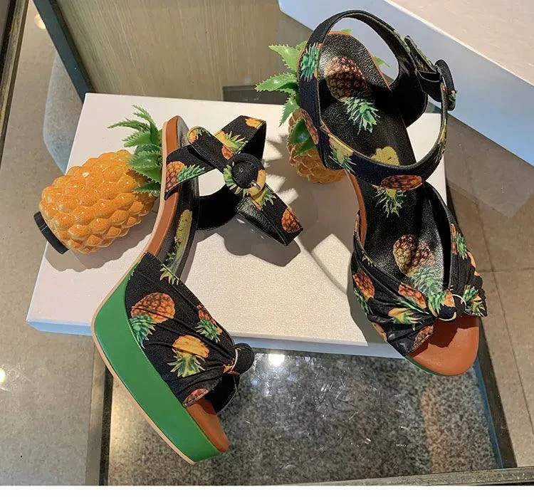 Pineapple High Heels Buckle Strap Printed Peep-Toe Platform Shoes - Glova