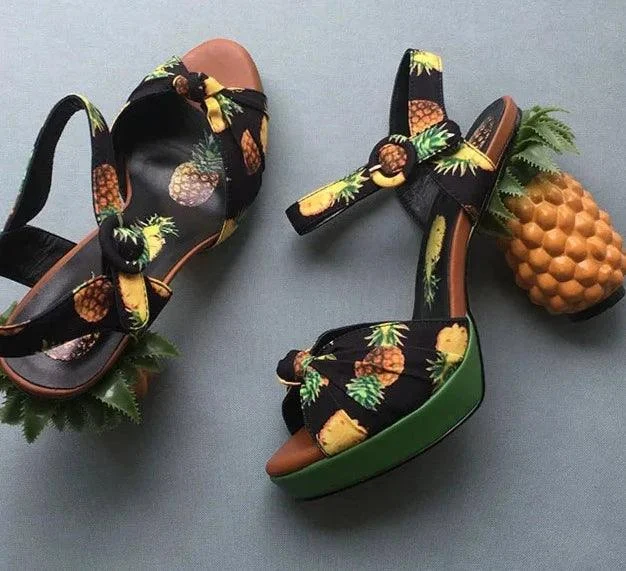 Pineapple High Heels Buckle Strap Printed Peep-Toe Platform Shoes - Glova