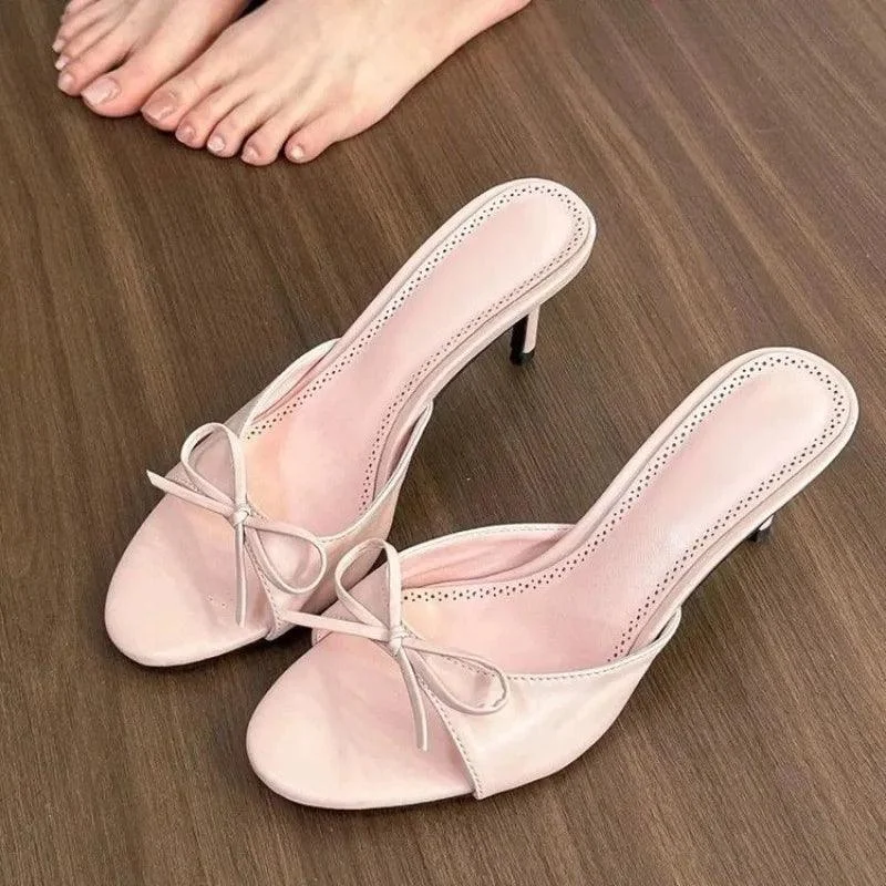 Pink Butterfly-knot Stripper Thin Low Heels Ladies Mules Slides Shoes - Glova