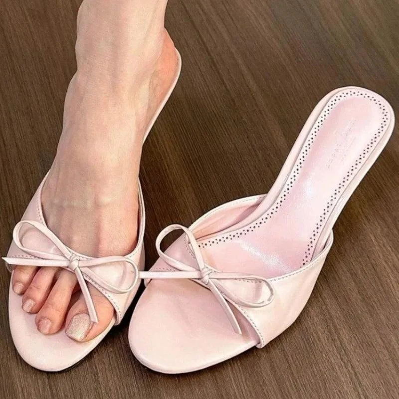 Pink Butterfly-knot Stripper Thin Low Heels Ladies Mules Slides Shoes - Glova