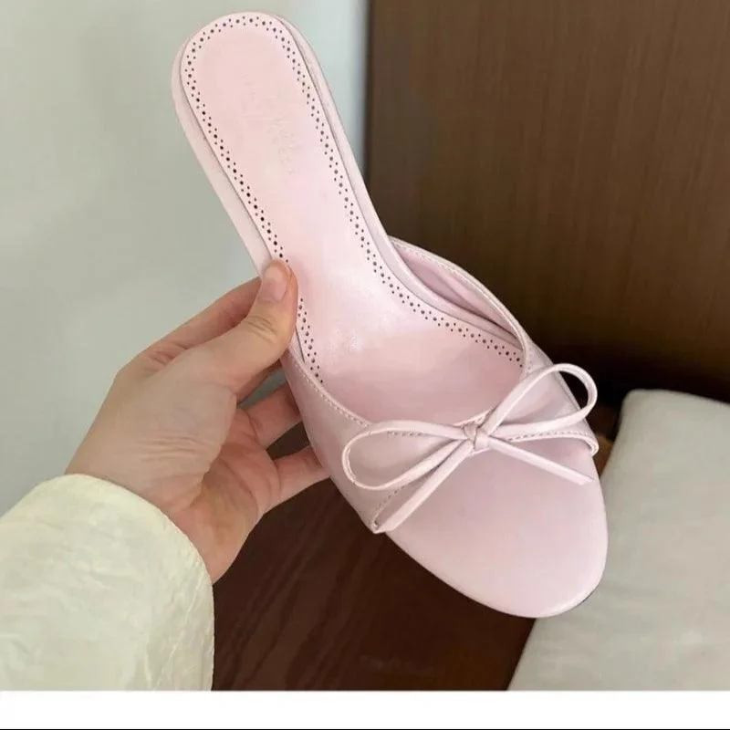 Pink Butterfly-knot Stripper Thin Low Heels Ladies Mules Slides Shoes - Glova