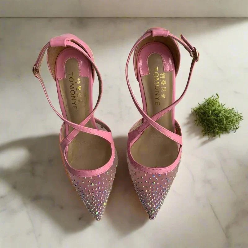 Pink Crystal Mesh Cross Ankle Straps Women High Heel Shoes - Glova