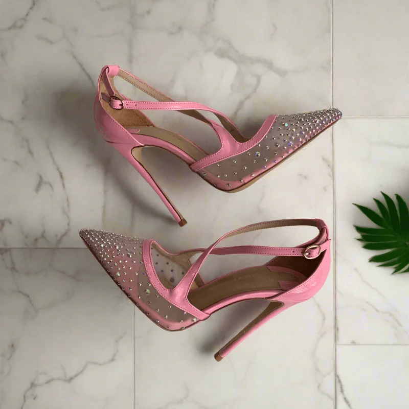 Pink Crystal Mesh Cross Ankle Straps Women High Heel Shoes - Glova