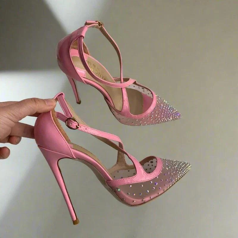 Pink Crystal Mesh Cross Ankle Straps Women High Heel Shoes - Glova