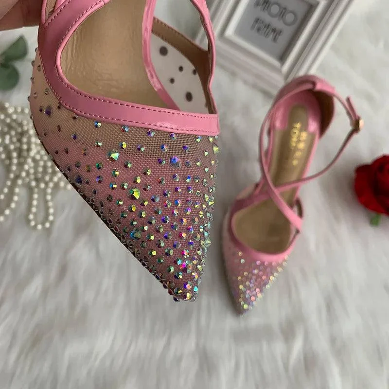 Pink Crystal Mesh Cross Ankle Straps Women High Heel Shoes - Glova