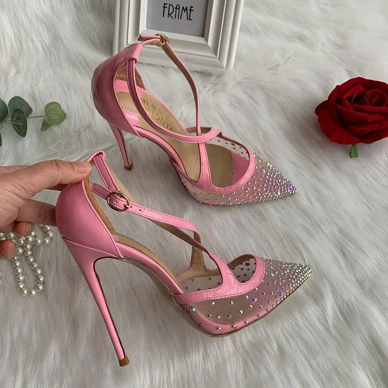 Pink Crystal Mesh Cross Ankle Straps Women High Heel Shoes - Glova