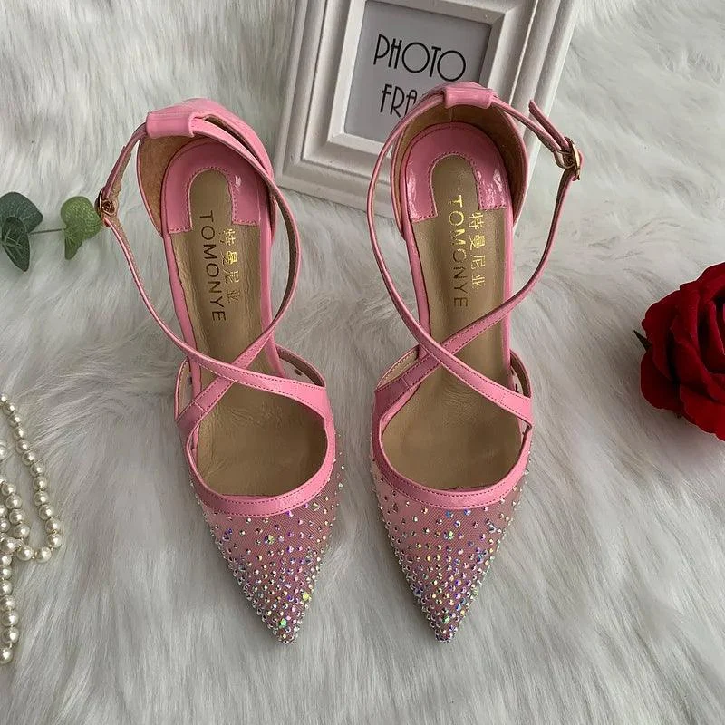 Pink Crystal Mesh Cross Ankle Straps Women High Heel Shoes - Glova