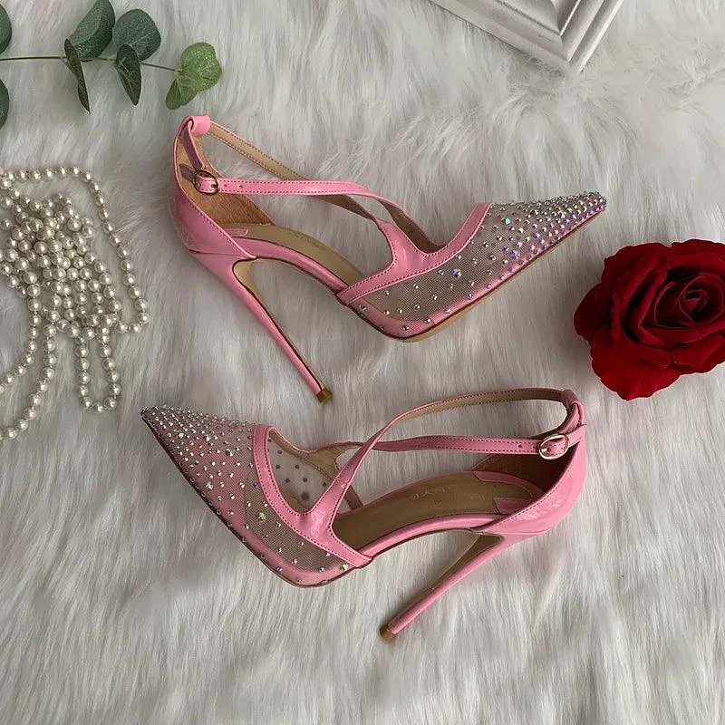 Pink Crystal Mesh Cross Ankle Straps Women High Heel Shoes - Glova