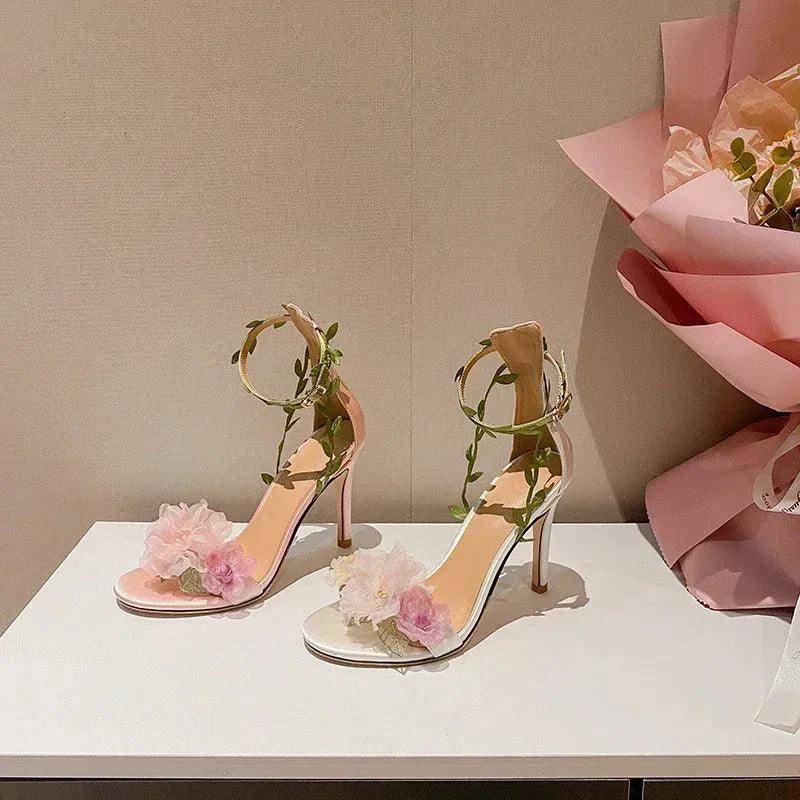 Pink Pastoral Chiffon Flower High Heel Straight Vine Strap Shoes - Glova