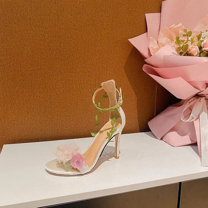 Pink Pastoral Chiffon Flower High Heel Straight Vine Strap Shoes - Glova