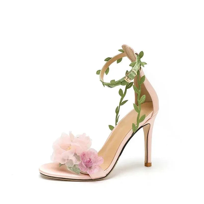 Pink Pastoral Chiffon Flower High Heel Straight Vine Strap Shoes - Glova