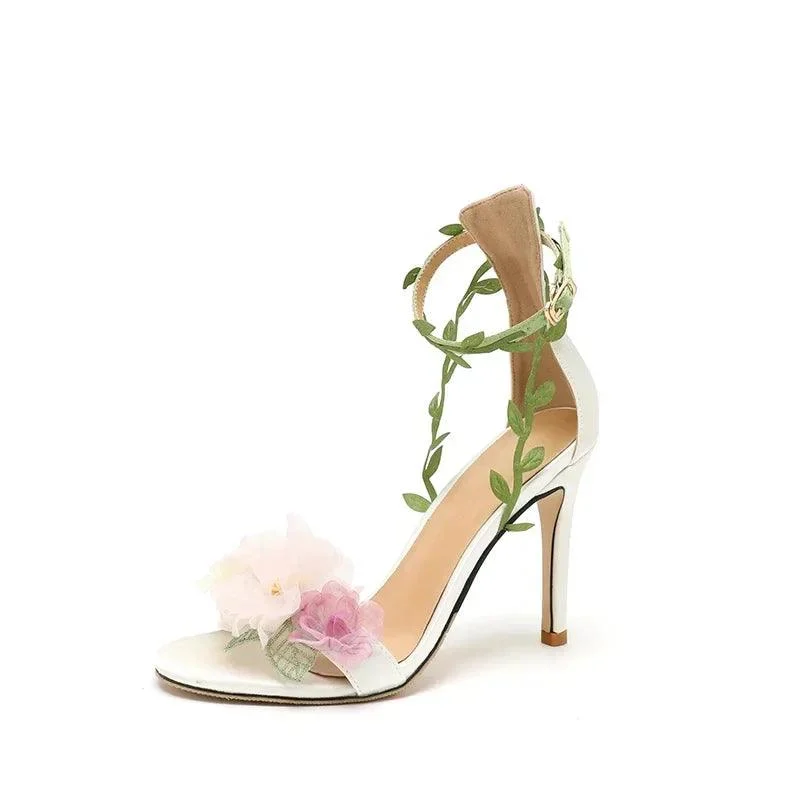 Pink Pastoral Chiffon Flower High Heel Straight Vine Strap Shoes - Glova