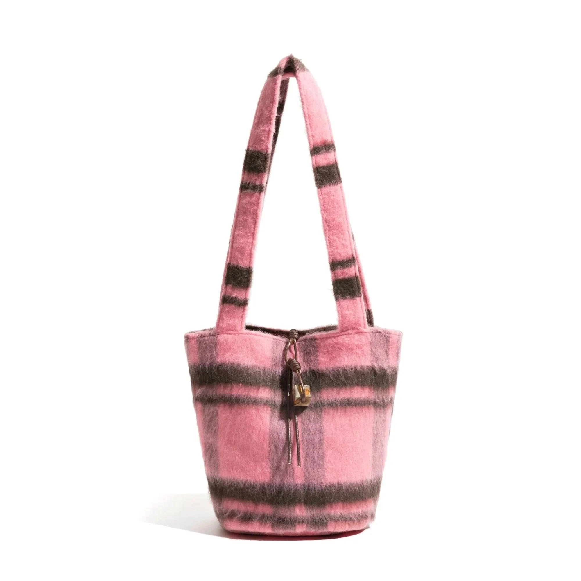 Pink Plaid Woolen Sling Bucket Bag - Glova