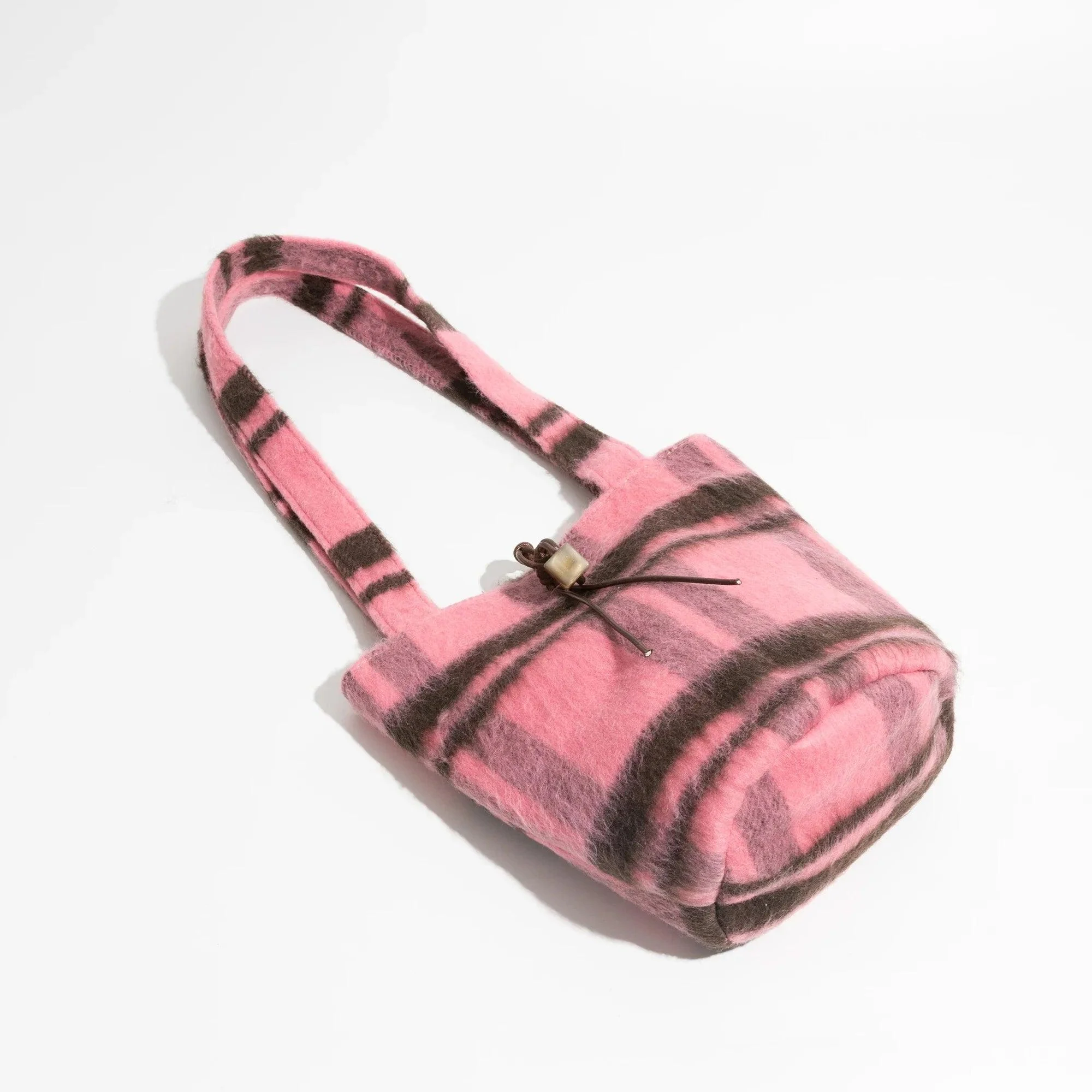 Pink Plaid Woolen Sling Bucket Bag - Glova