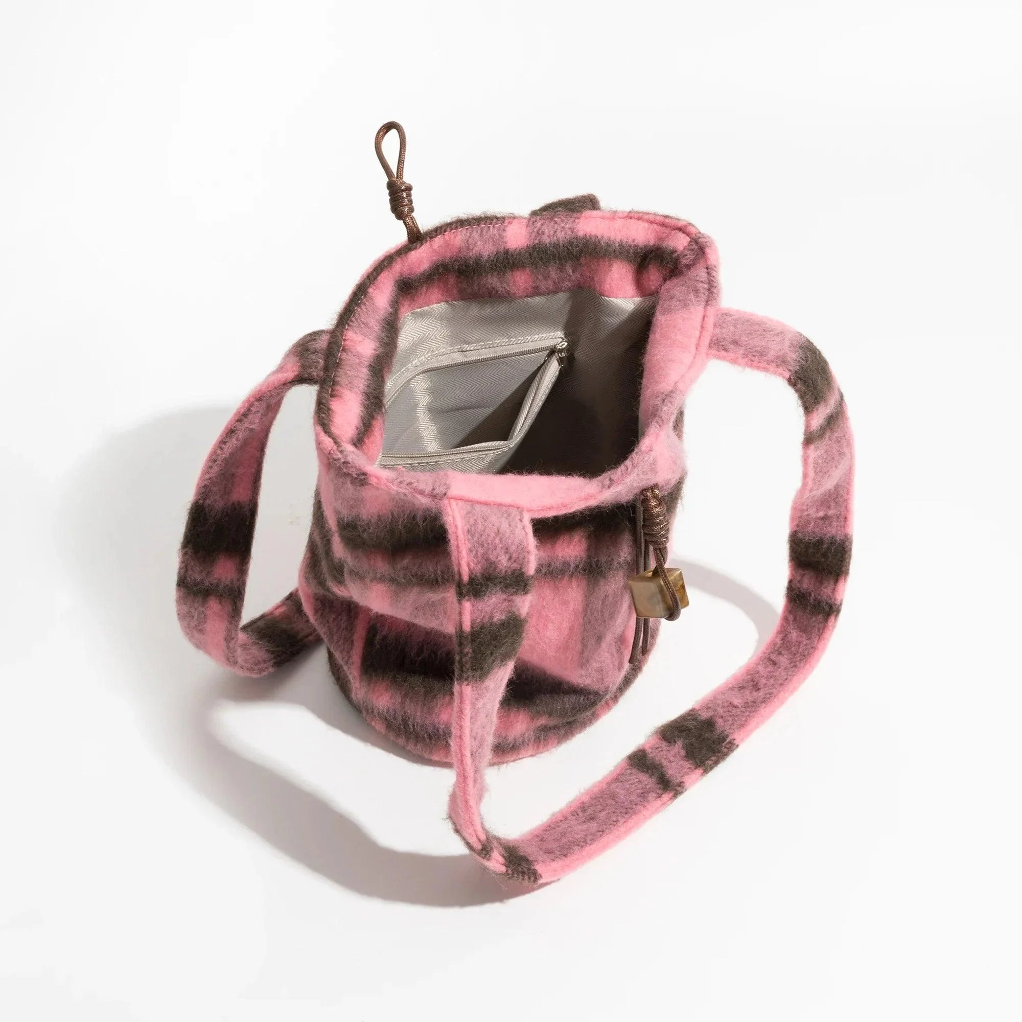 Pink Plaid Woolen Sling Bucket Bag - Glova