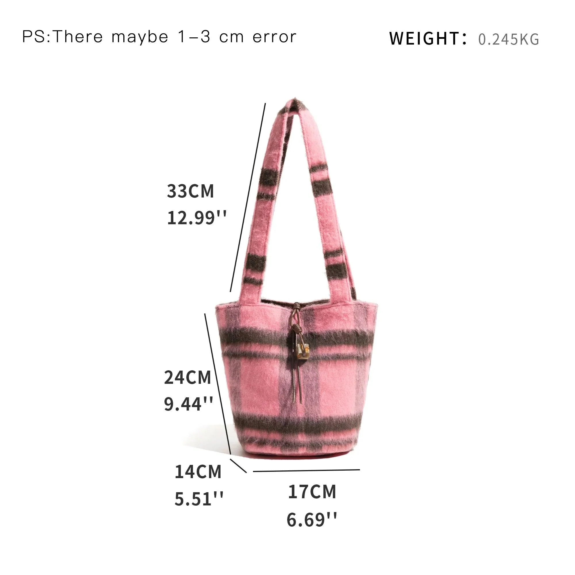 Pink Plaid Woolen Sling Bucket Bag - Glova