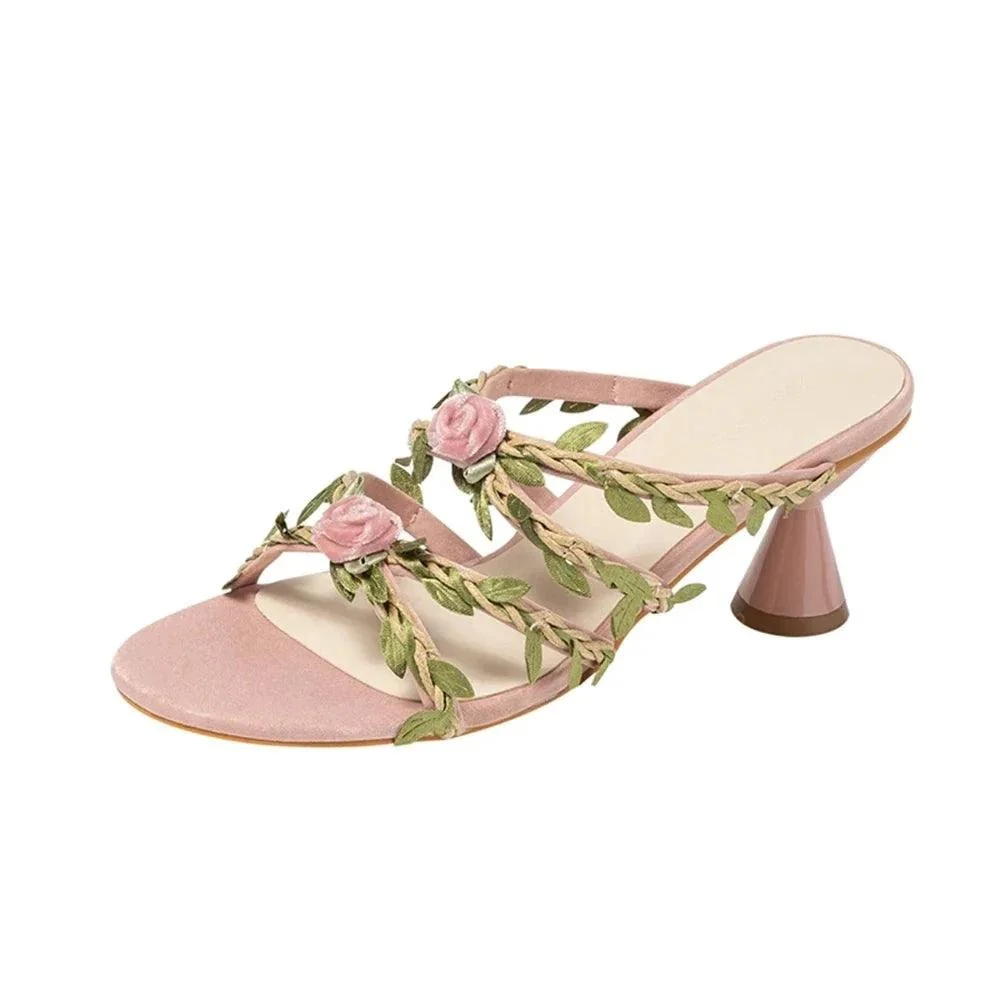 Pink Rose Applique Vine Low Heel Women Shoes - Glova